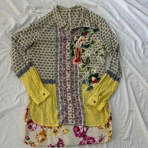 Aratta Cream Floral Button-Up Tunic with Yellow and Pink Accents